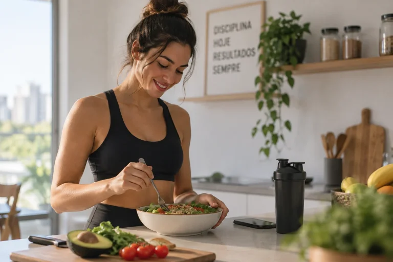 Mulher preparando refeição saudável como parte de uma rotina de alimentação e exercícios