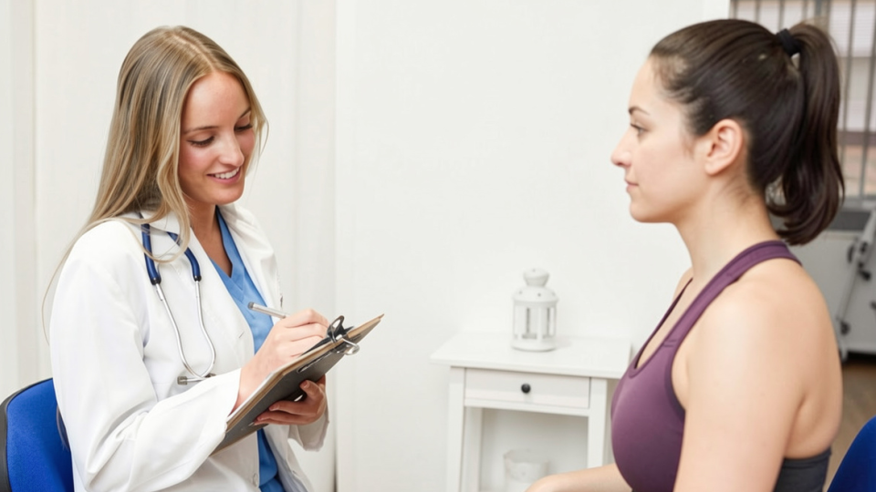 A imagem mostra uma consulta médica ou de avaliação física entre duas mulheres num consultório.
